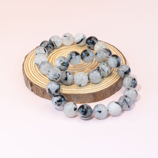 Pulsera de cuarzo de turmalina negra natural con cuentas de 12 mm al por mayor